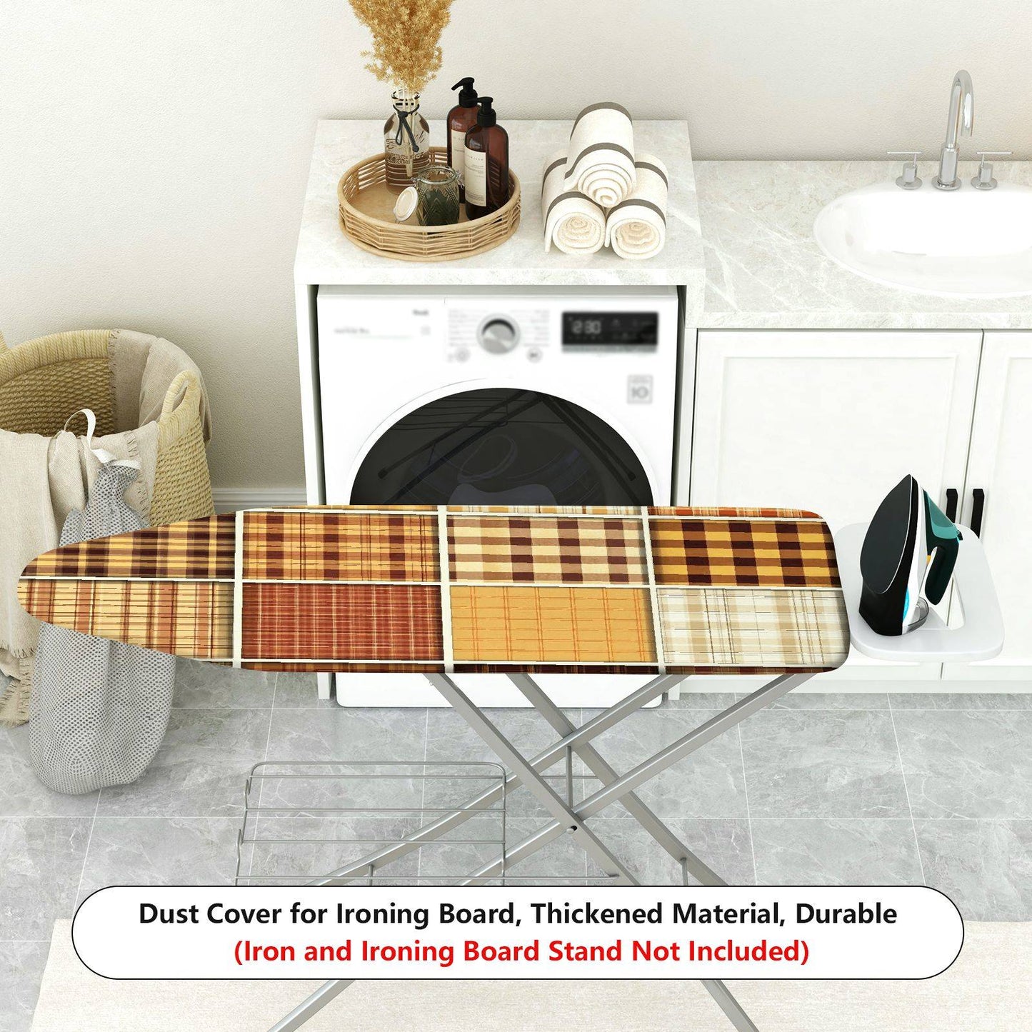 1-Piece Plaid Brown Beige Ironing Board Cover, Universal Size, Without Board