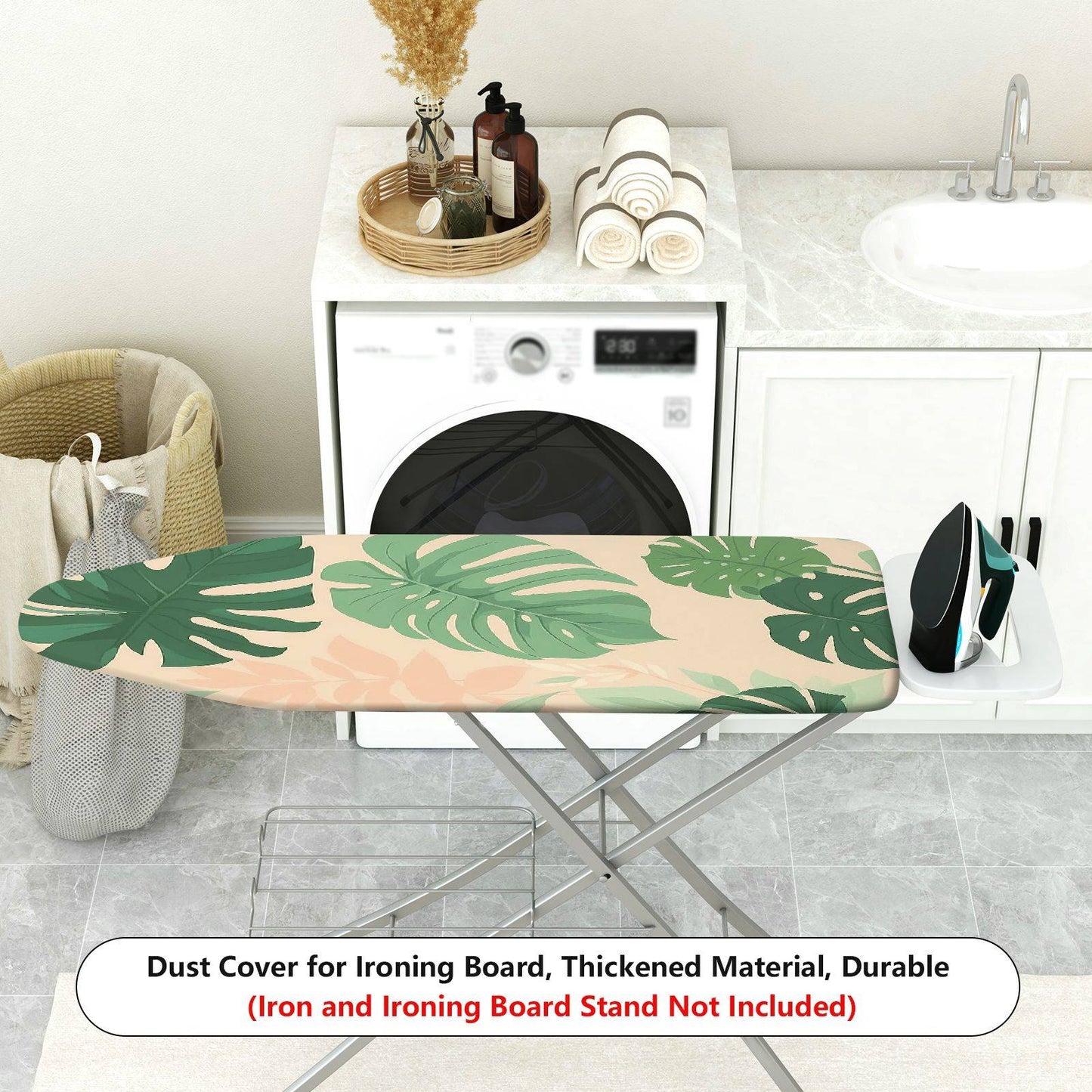 1-Piece Tropical Leaf Pattern Green Beige Ironing Board Cover, Universal Size, Without Board