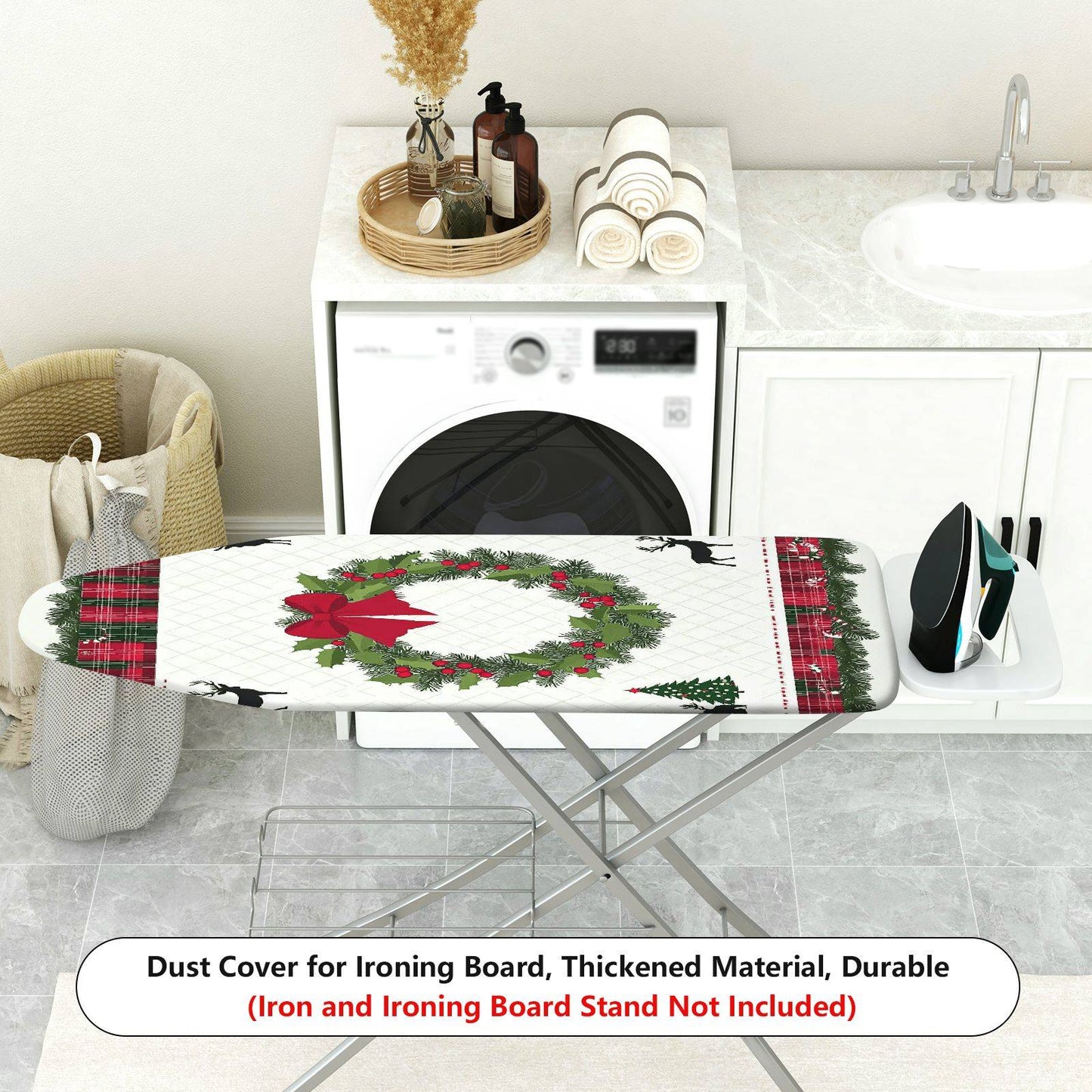 1-Piece Christmas Wreath Plaid Reindeer Ironing Board Cover, Universal Size, Without Board