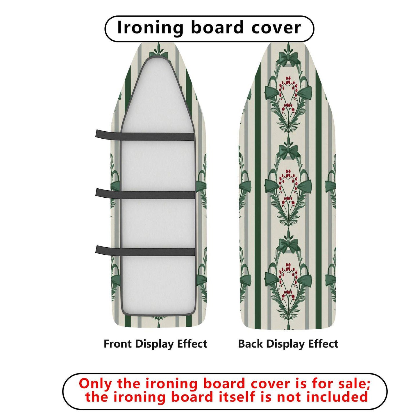 1-Piece Christmas Green Bow Stripe Ironing Board Cover, Universal Size, Without Board