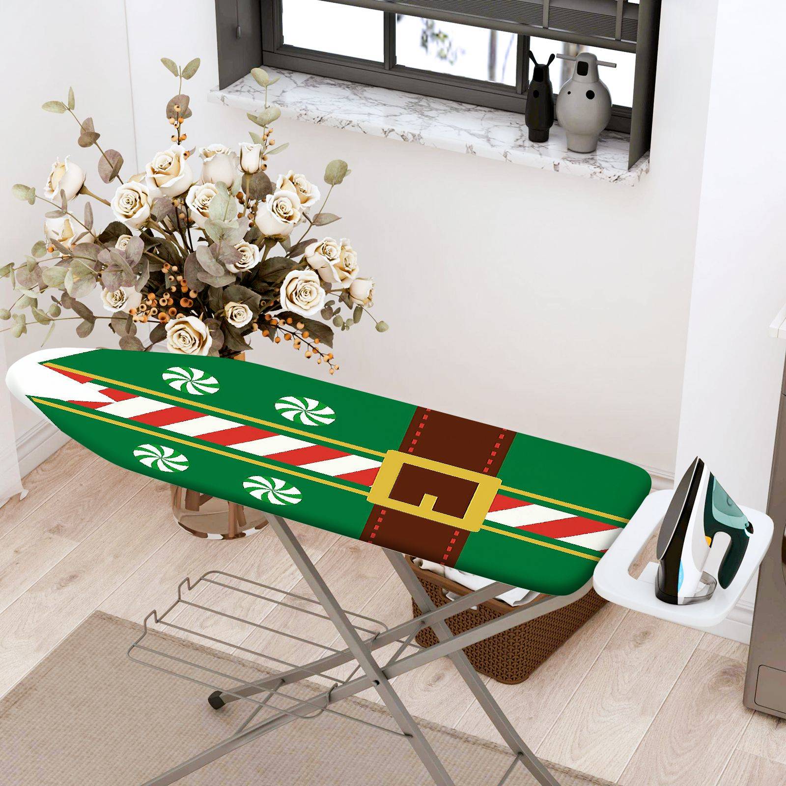 1-Piece Christmas Elf Candy Cane  Ironing Board Cover, Universal Size, Without Board