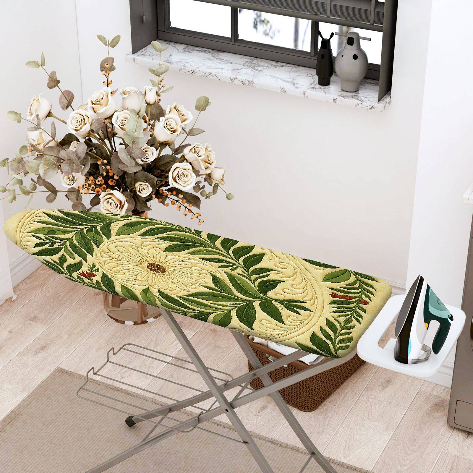 1-Piece Floral Leaf Pattern Beige Green  Ironing Board Cover, Universal Size, Without Board