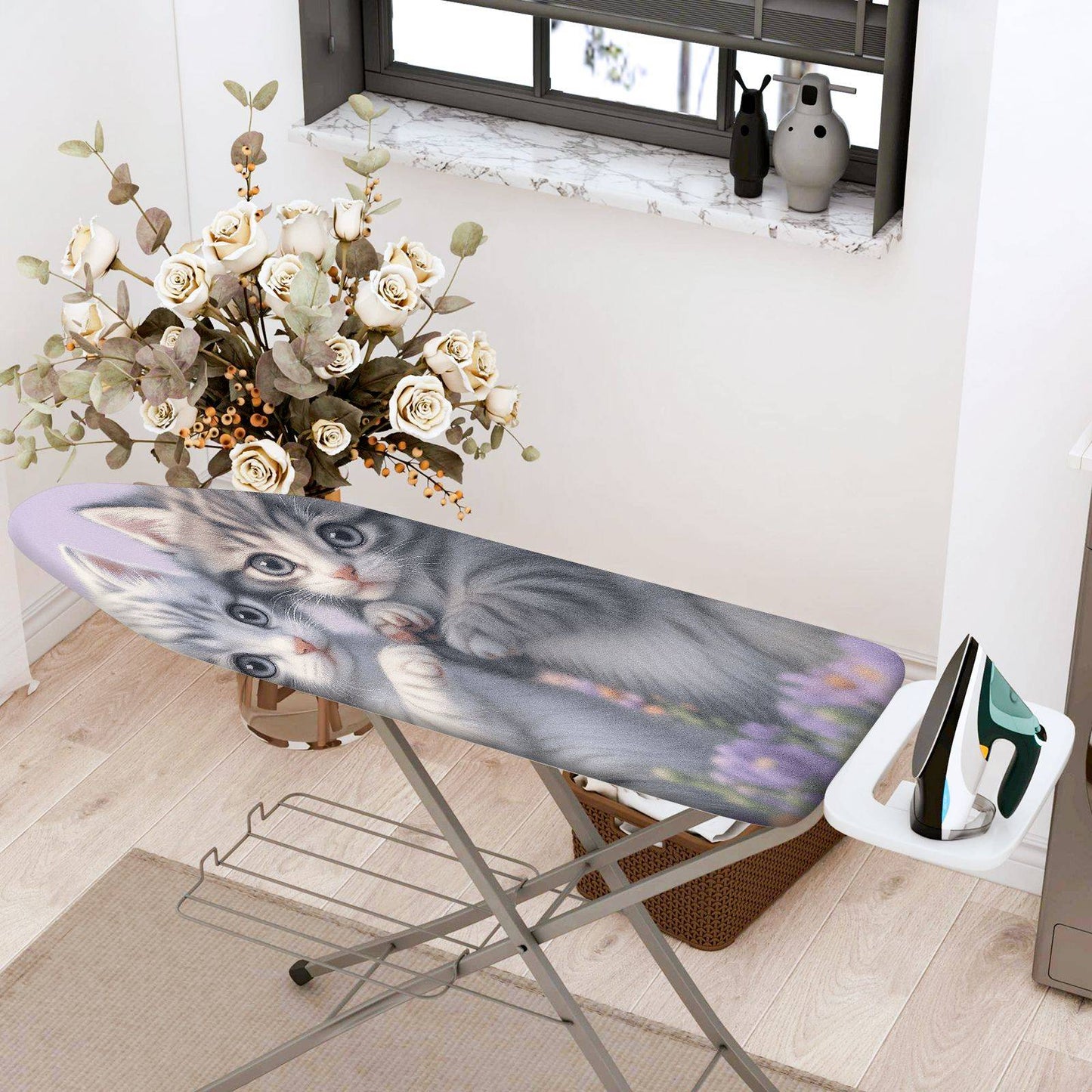 1-Piece Cute Kitten Lavender Floral  Ironing Board Cover, Universal Size, Without Board