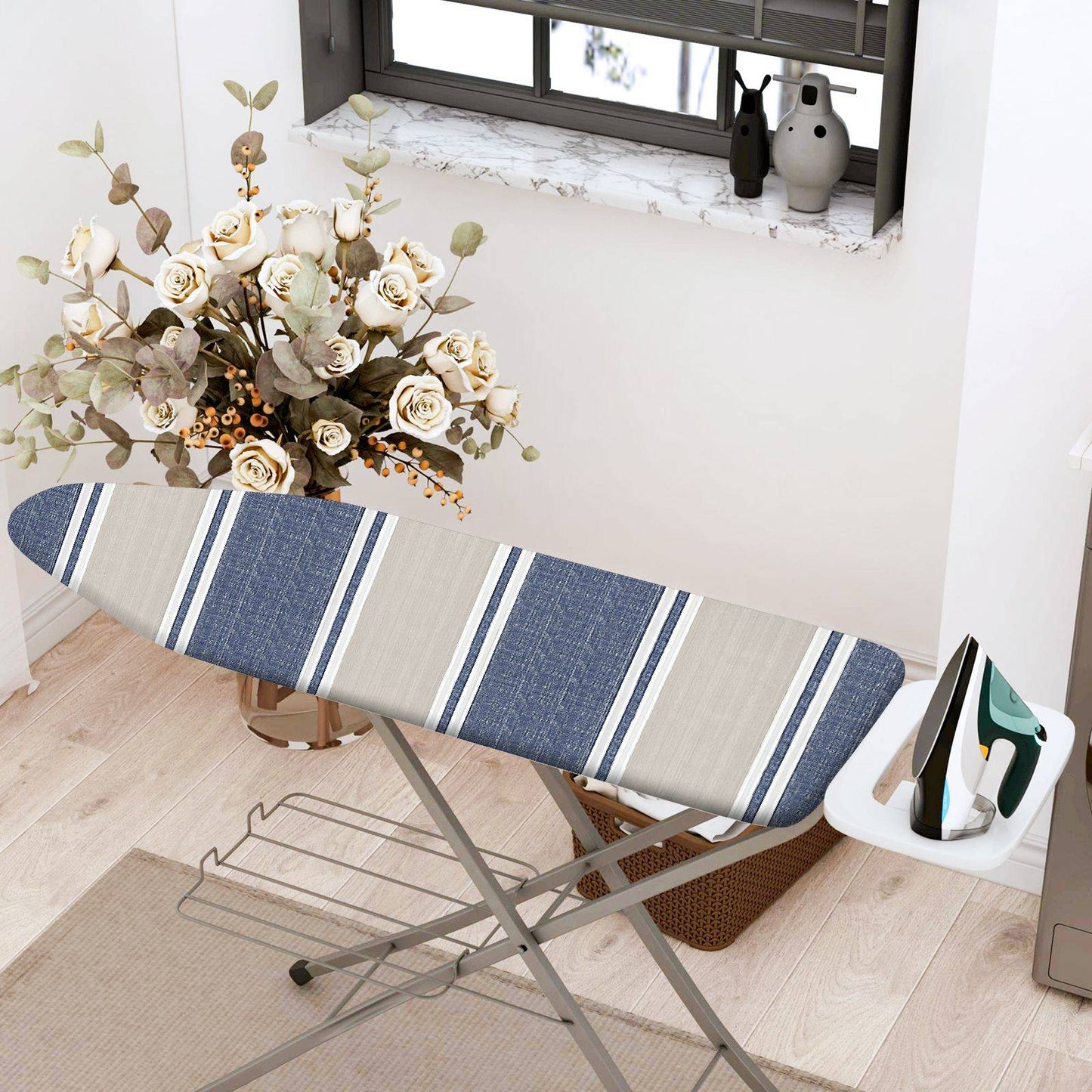 1-Piece Stripe Blue Beige Elegant  Ironing Board Cover, Universal Size, Without Board