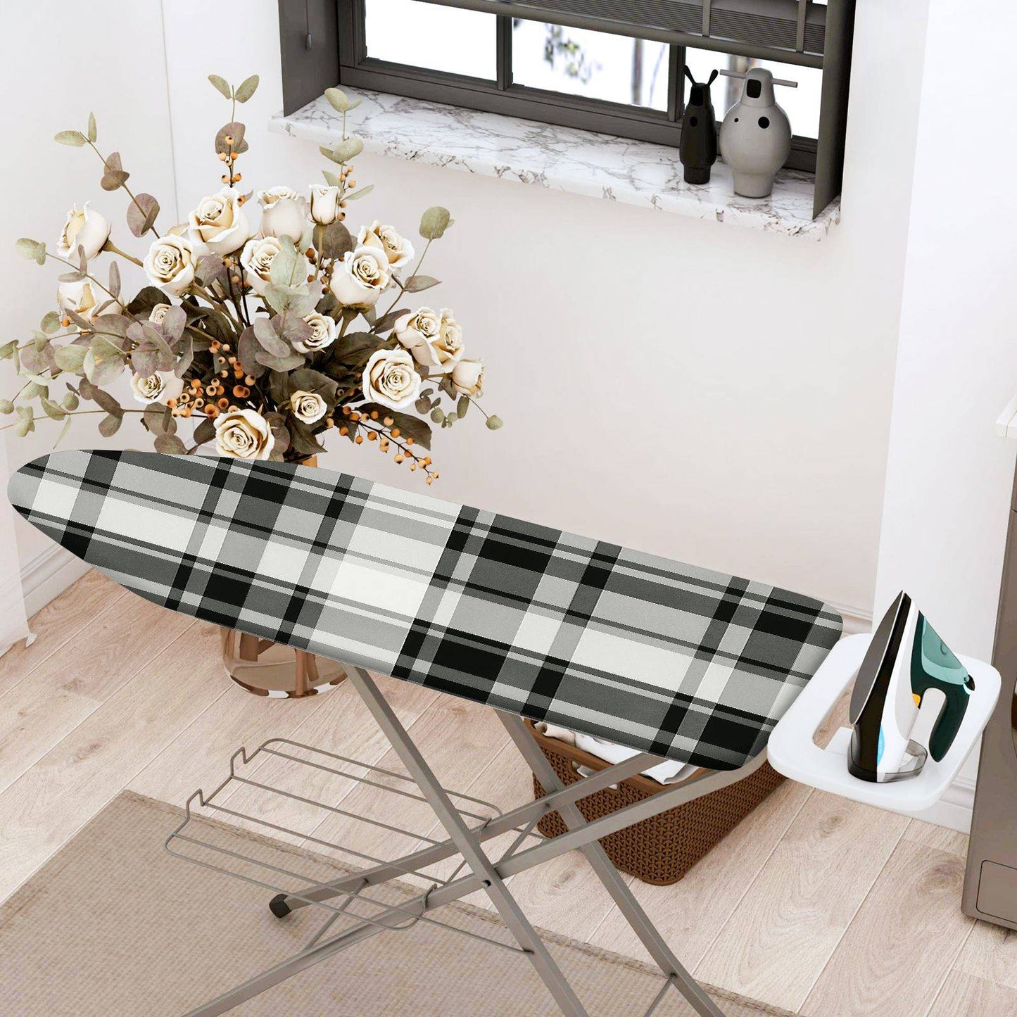 1-Piece Plaid Checked Pattern Black White  Ironing Board Cover, Universal Size, Without Board