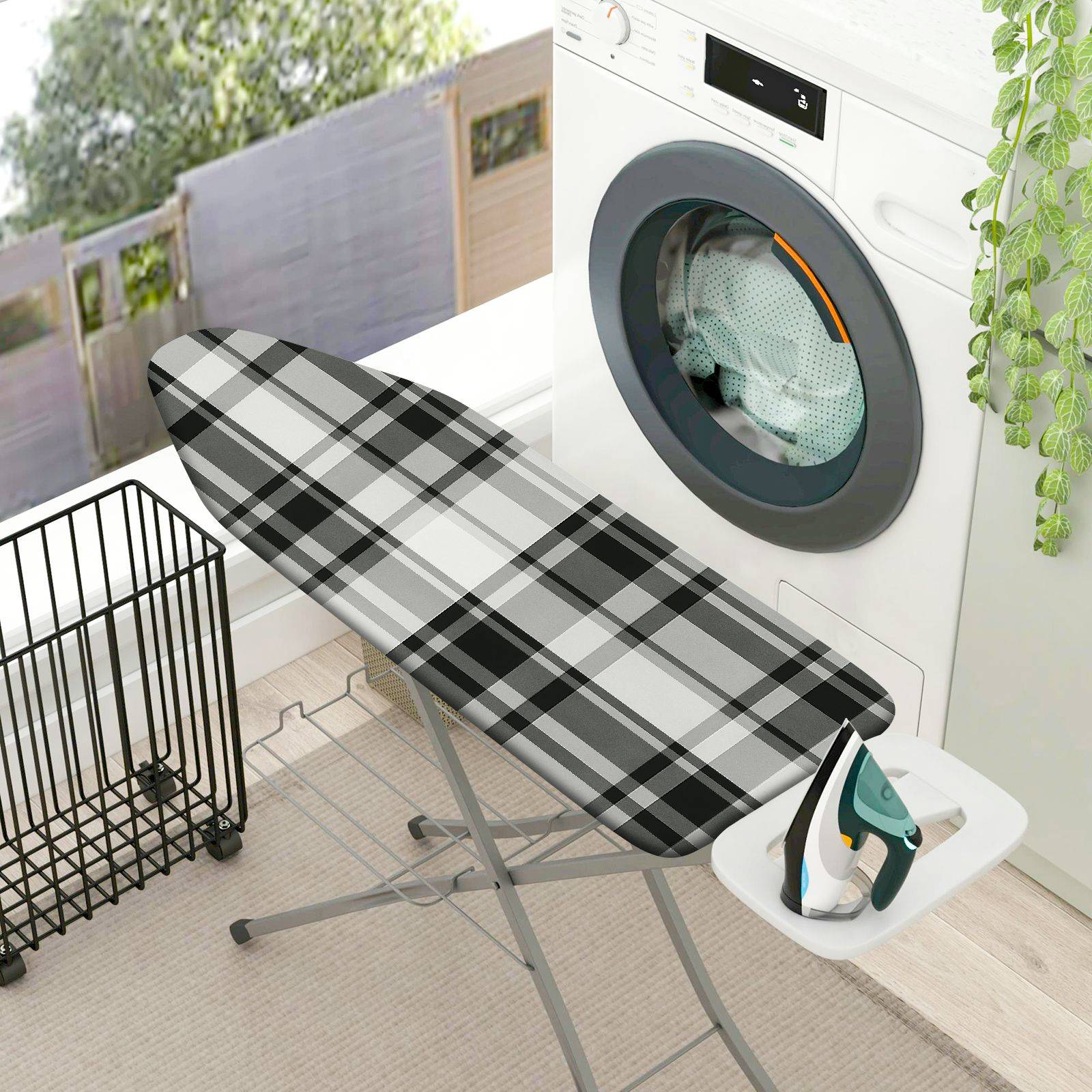 1-Piece Plaid Checked Pattern Black White  Ironing Board Cover, Universal Size, Without Board