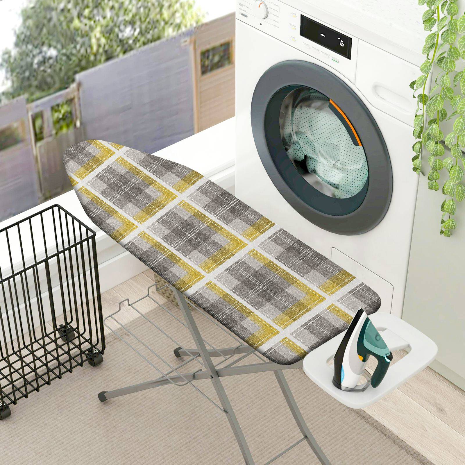 1-Piece Plaid Yellow Gray  Ironing Board Cover, Universal Size, Without Board