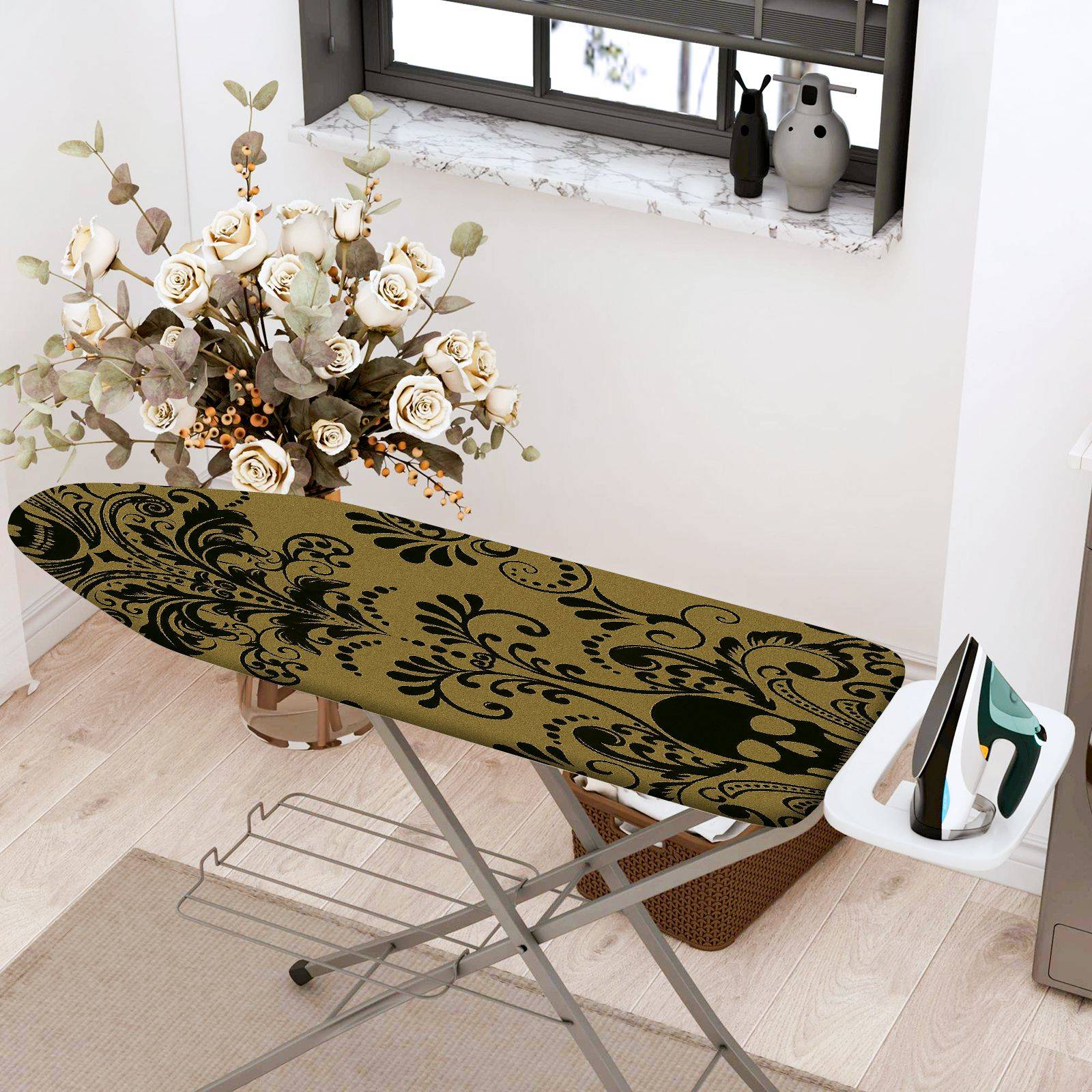 1-Piece Elegant Floral Black Beige  Ironing Board Cover, Universal Size, Without Board