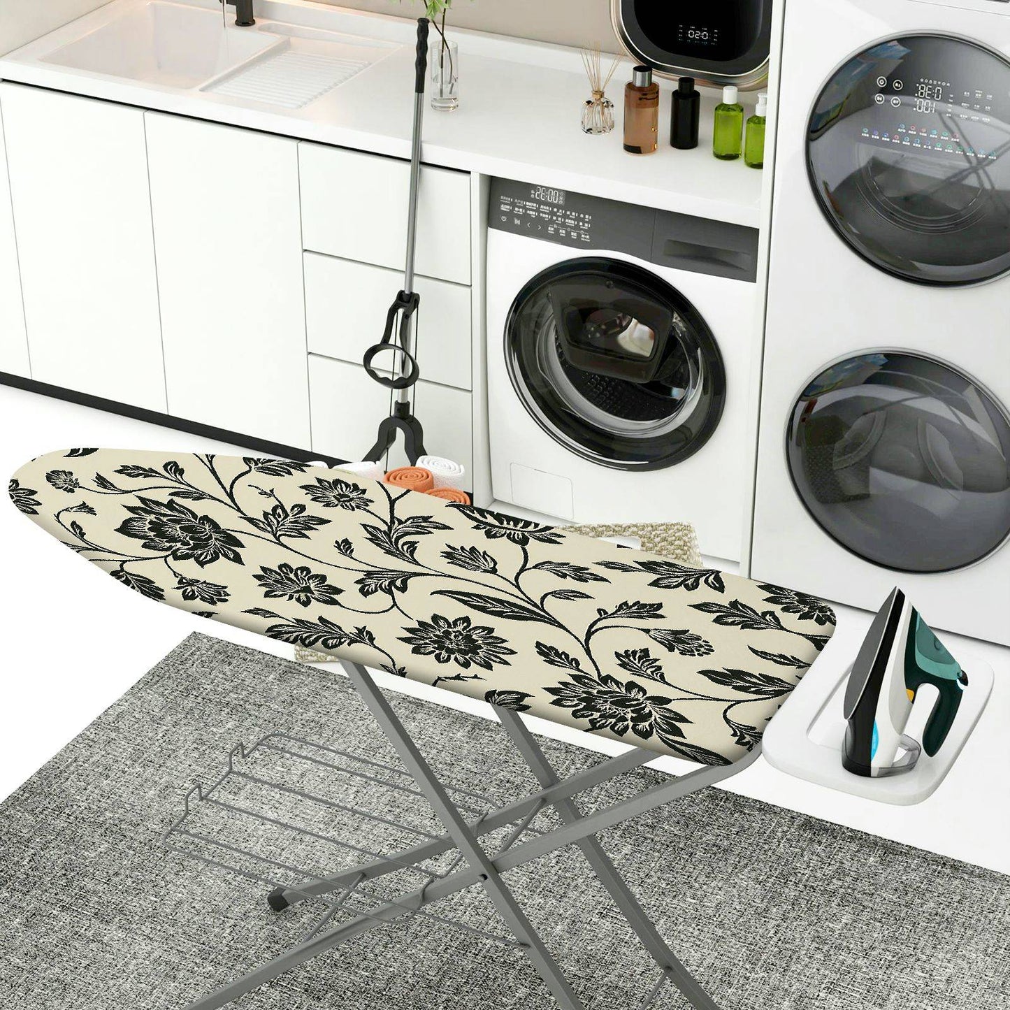 1-Piece Floral Pattern Black Beige  Ironing Board Cover, Universal Size, Without Board