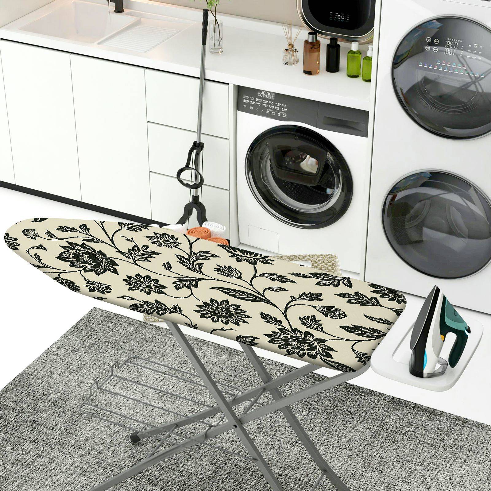 1-Piece Floral Pattern Black Beige  Ironing Board Cover, Universal Size, Without Board