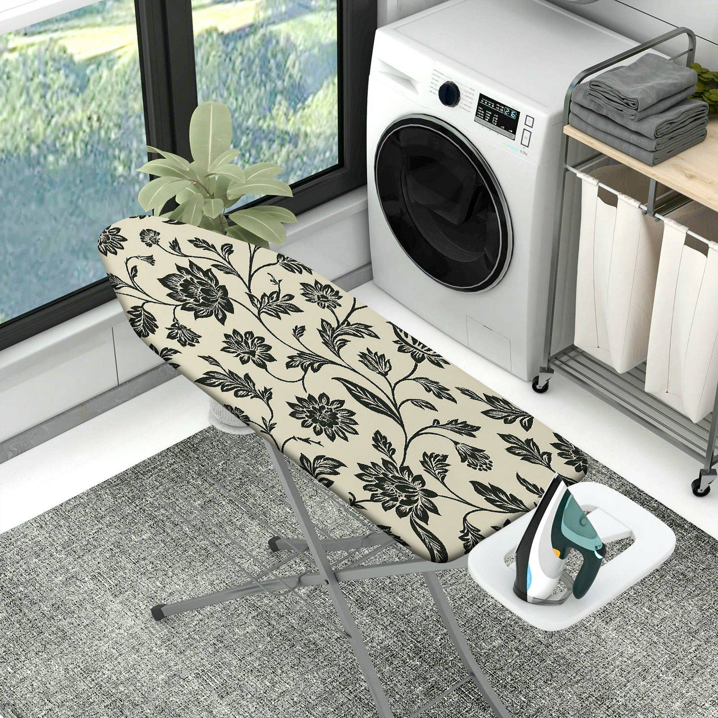 1-Piece Floral Pattern Black Beige  Ironing Board Cover, Universal Size, Without Board