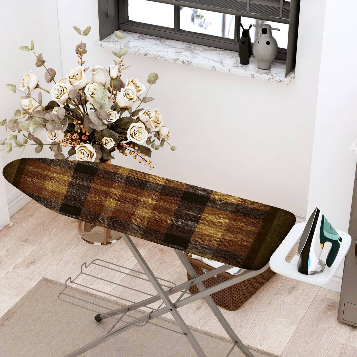 1-Piece Plaid Checkered Brown  Ironing Board Cover, Universal Size, Without Board