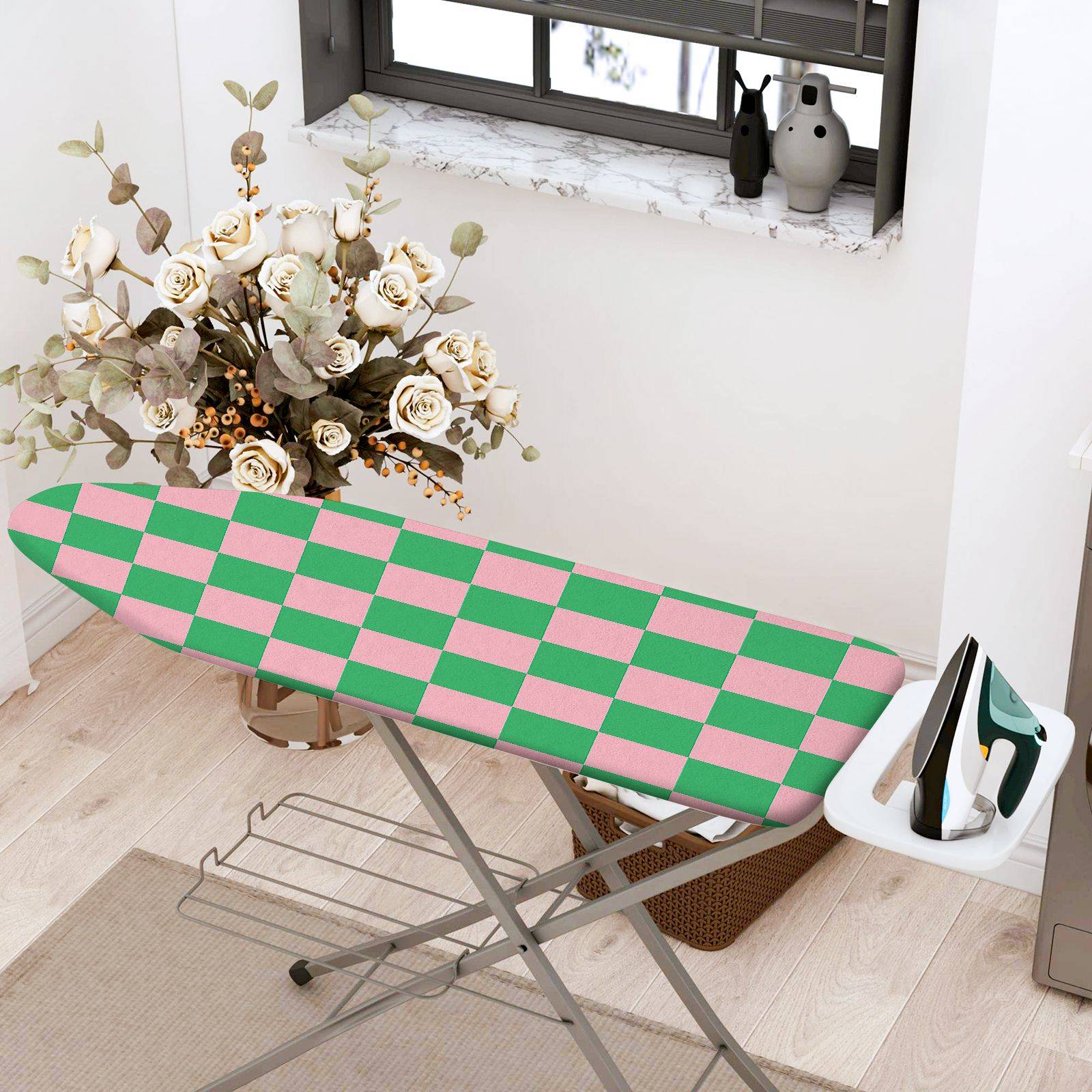 1-Piece Checkered Pink Green Plaid  Ironing Board Cover, Universal Size, Without Board