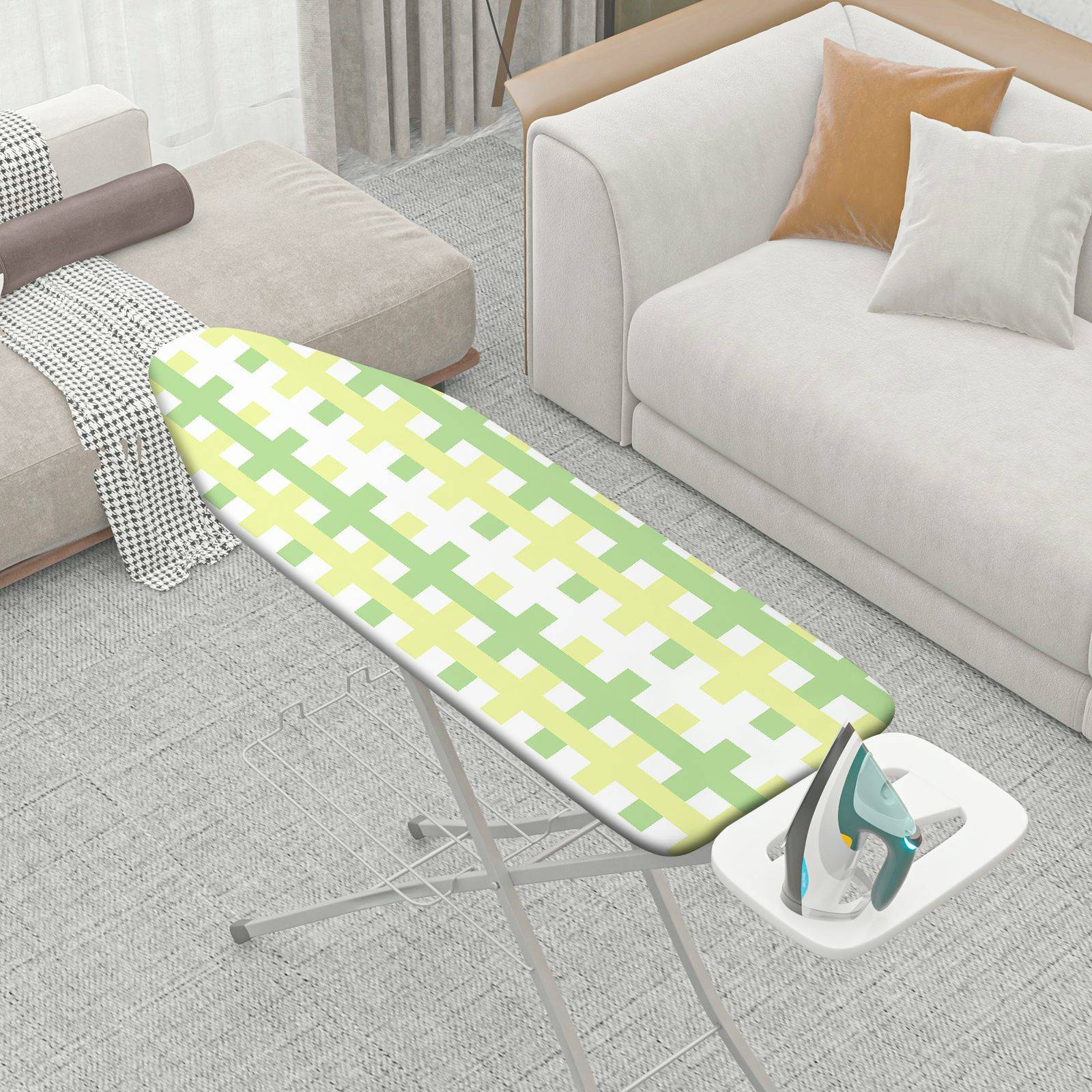 1-Piece Plaid Pattern Green Yellow Checks  Ironing Board Cover, Universal Size, Without Board
