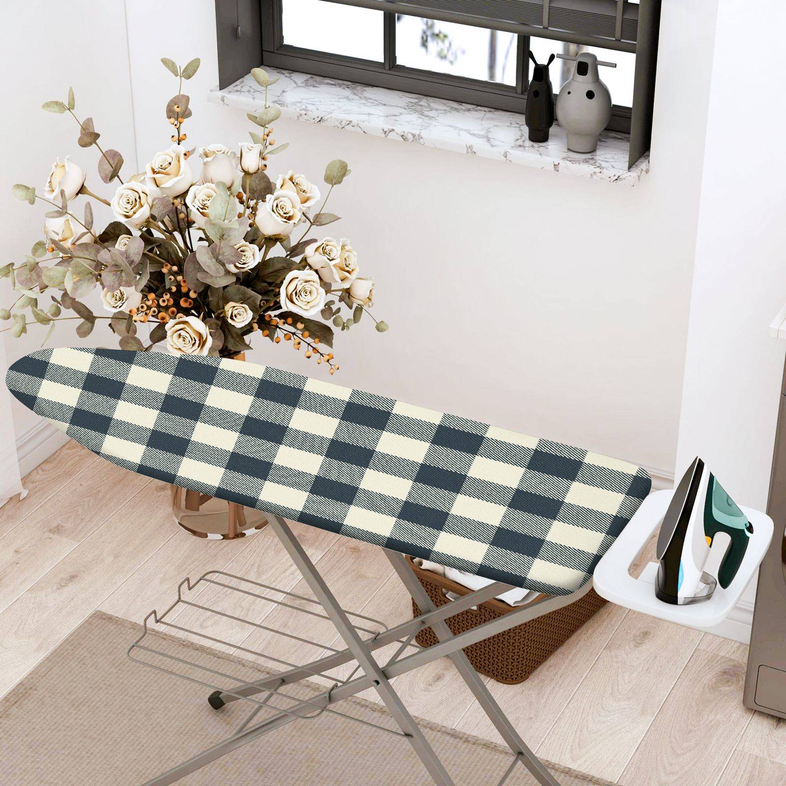 1-Piece Plaid Checkered Black  Ironing Board Cover, Universal Size, Without Board