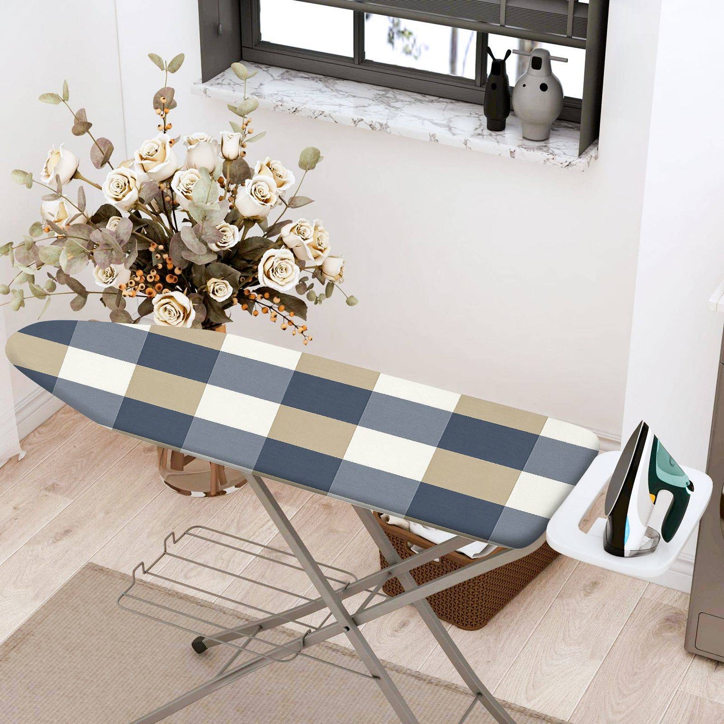 1-Piece Plaid Checkered Blue  Ironing Board Cover, Universal Size, Without Board