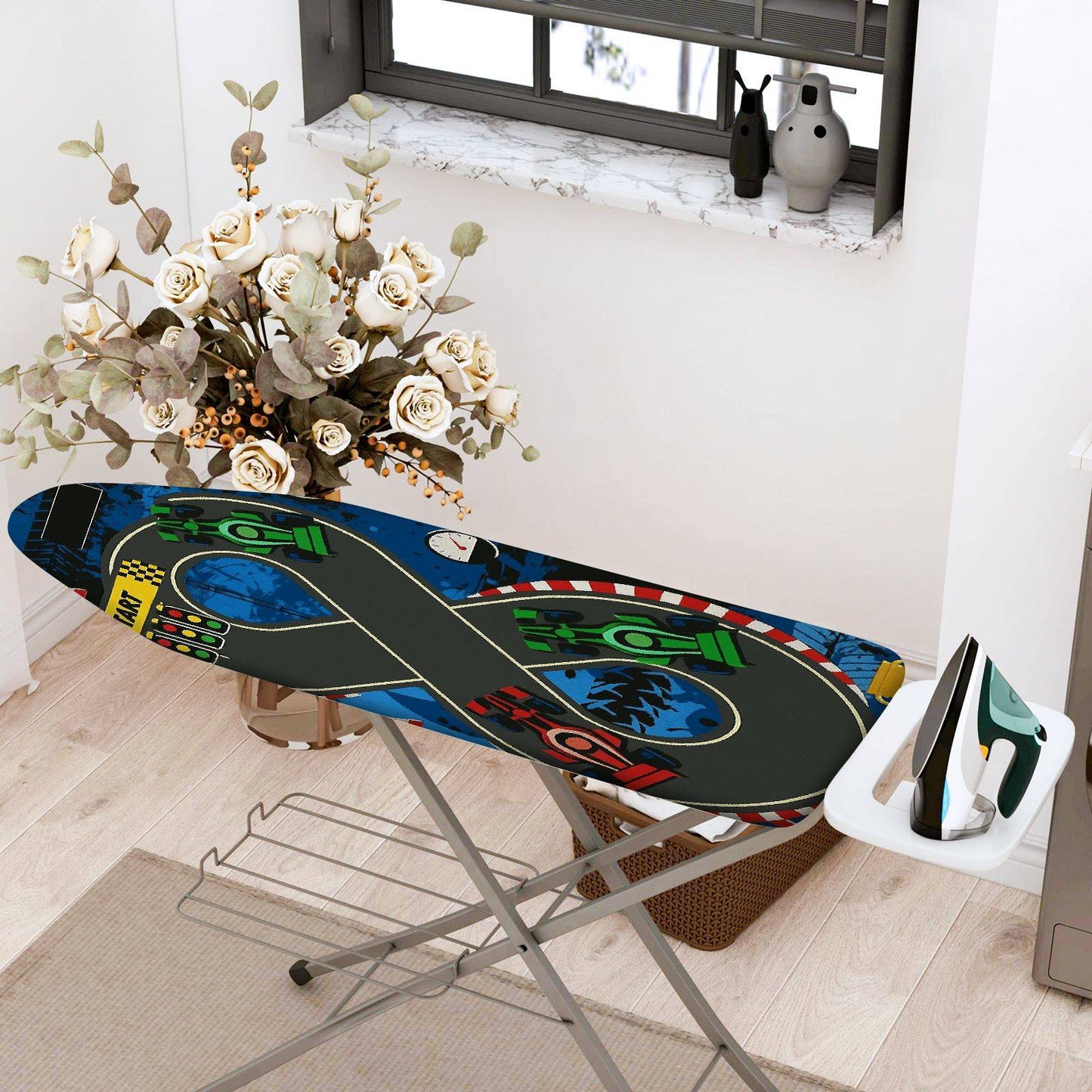 1-Piece Racecar Blue Track Fun  Ironing Board Cover, Universal Size, Without Board