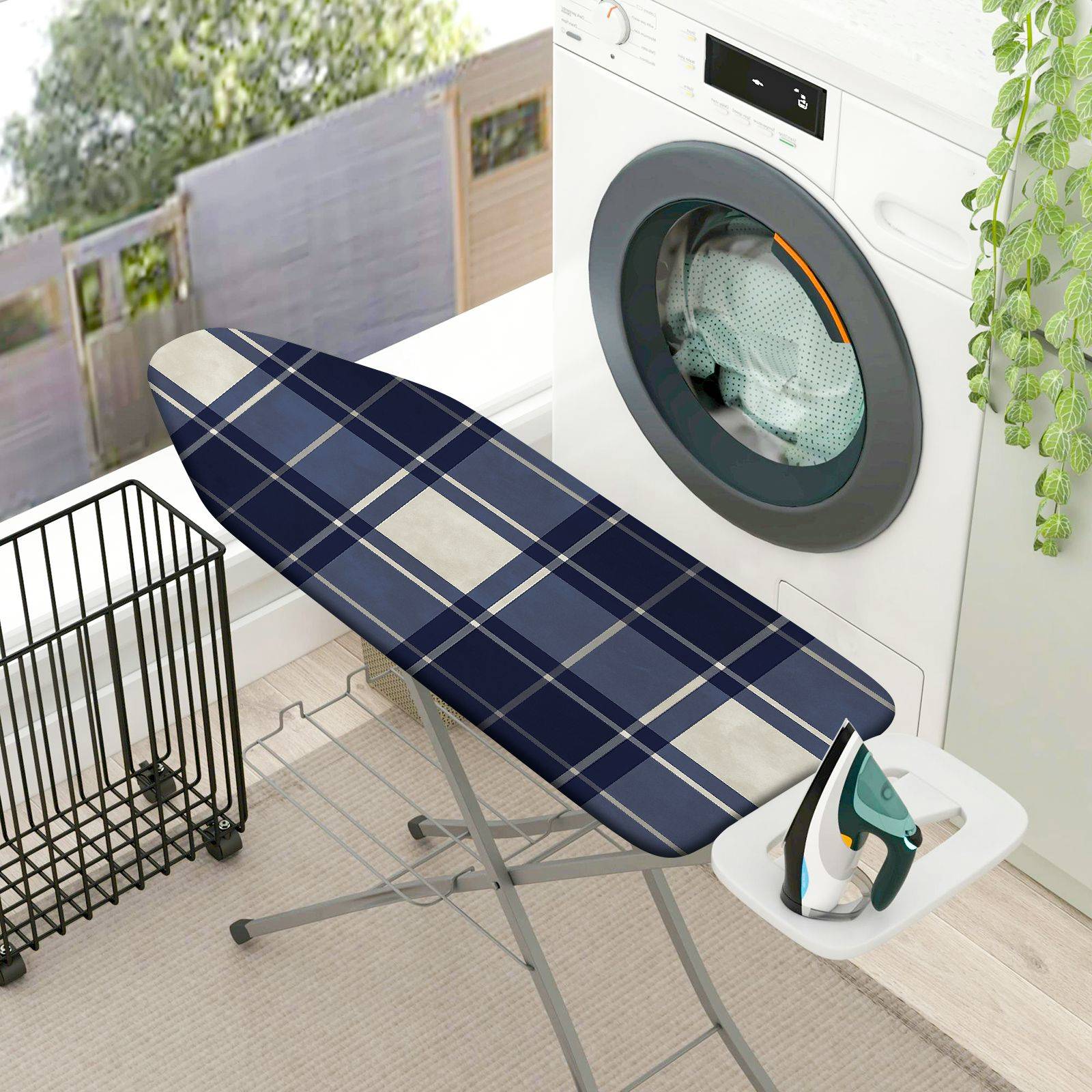 1-Piece Plaid Blue White  Ironing Board Cover, Universal Size, Without Board