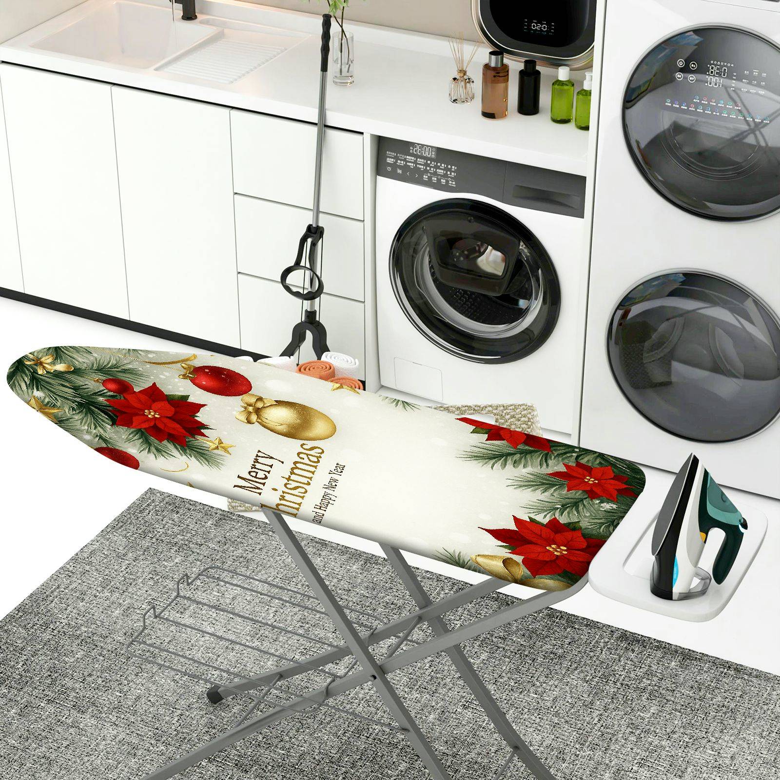1-Piece Christmas Poinsettia Ornaments  Ironing Board Cover, Universal Size, Without Board