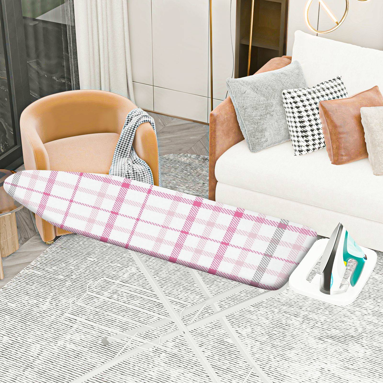 1-Piece Plaid Pink White Stylish  Ironing Board Cover, Universal Size, Without Board