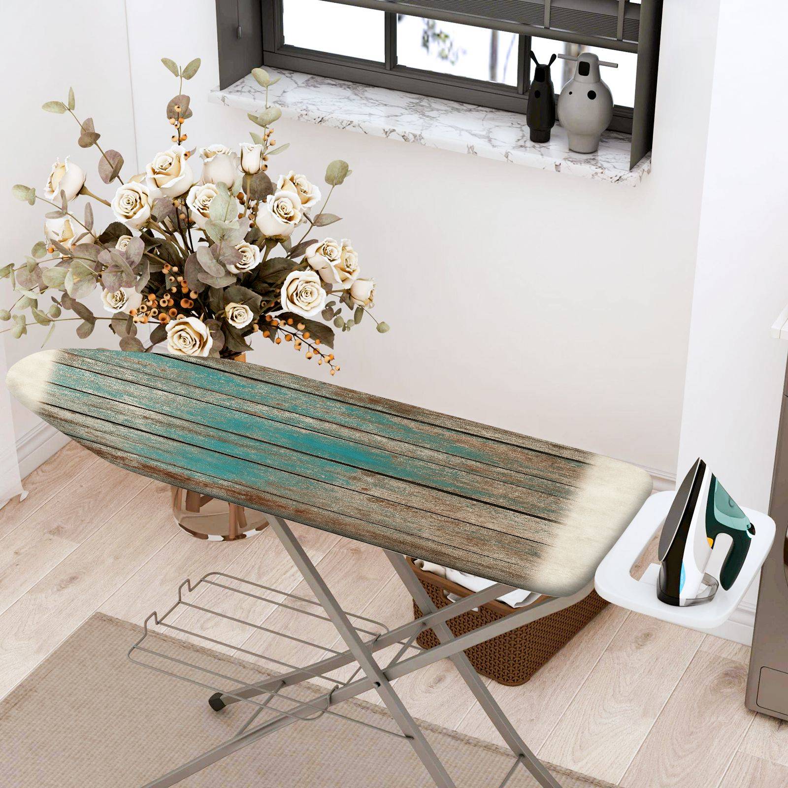 1-Piece Wood Grain Rustic Blue Brown  Ironing Board Cover, Universal Size, Without Board