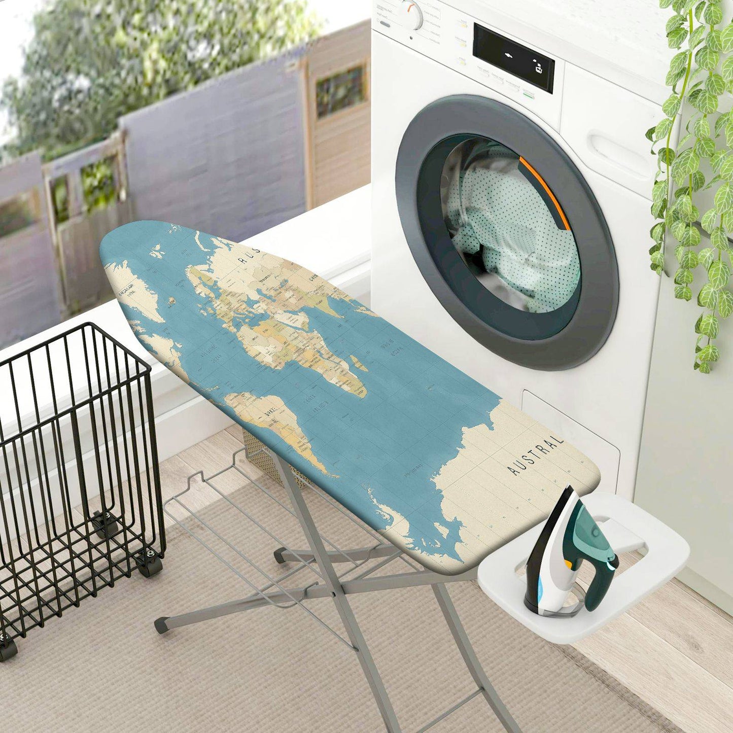 1-Piece World Map Blue Beige  Ironing Board Cover, Universal Size, Without Board