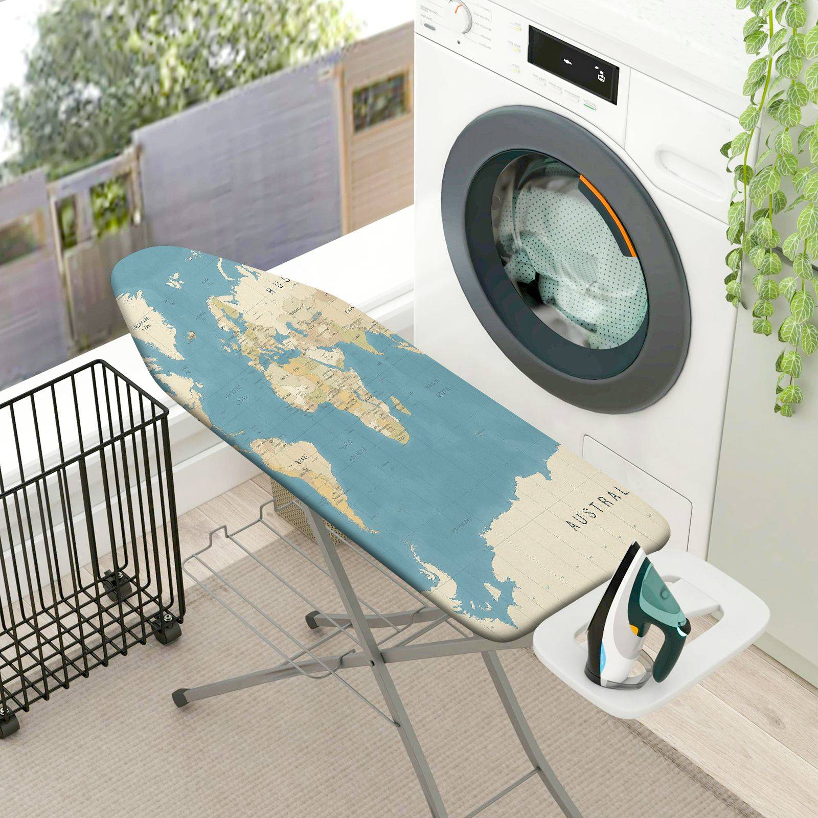 1-Piece World Map Blue Beige  Ironing Board Cover, Universal Size, Without Board