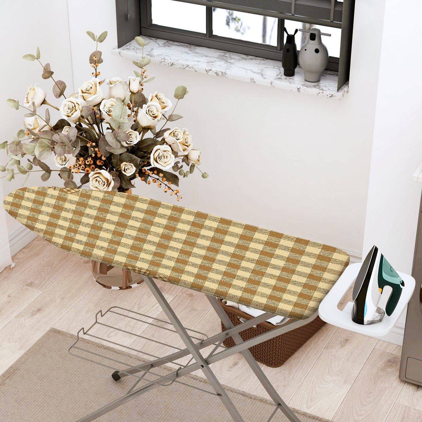 1-Piece Gingham Pattern Beige Checkered  Ironing Board Cover, Universal Size, Without Board