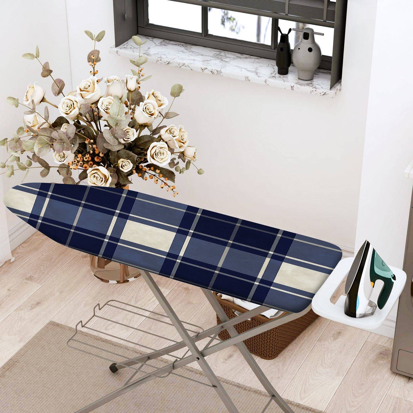 1-Piece Plaid Blue White  Ironing Board Cover, Universal Size, Without Board