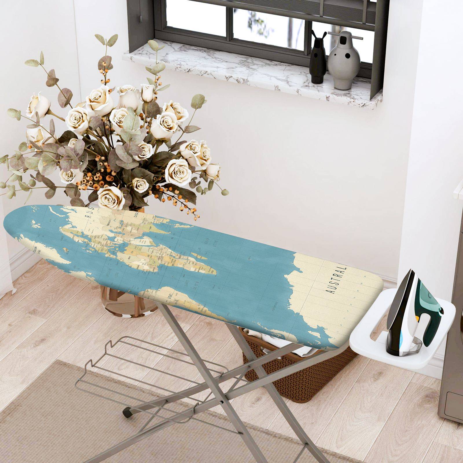 1-Piece World Map Blue Beige  Ironing Board Cover, Universal Size, Without Board