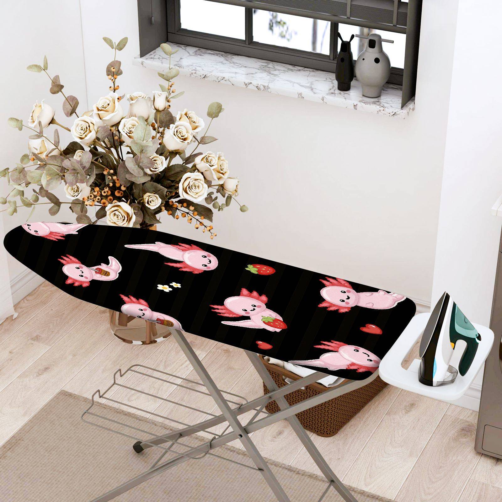 1-Piece Cute Axolotl Strawberry Floral  Ironing Board Cover, Universal Size, Without Board