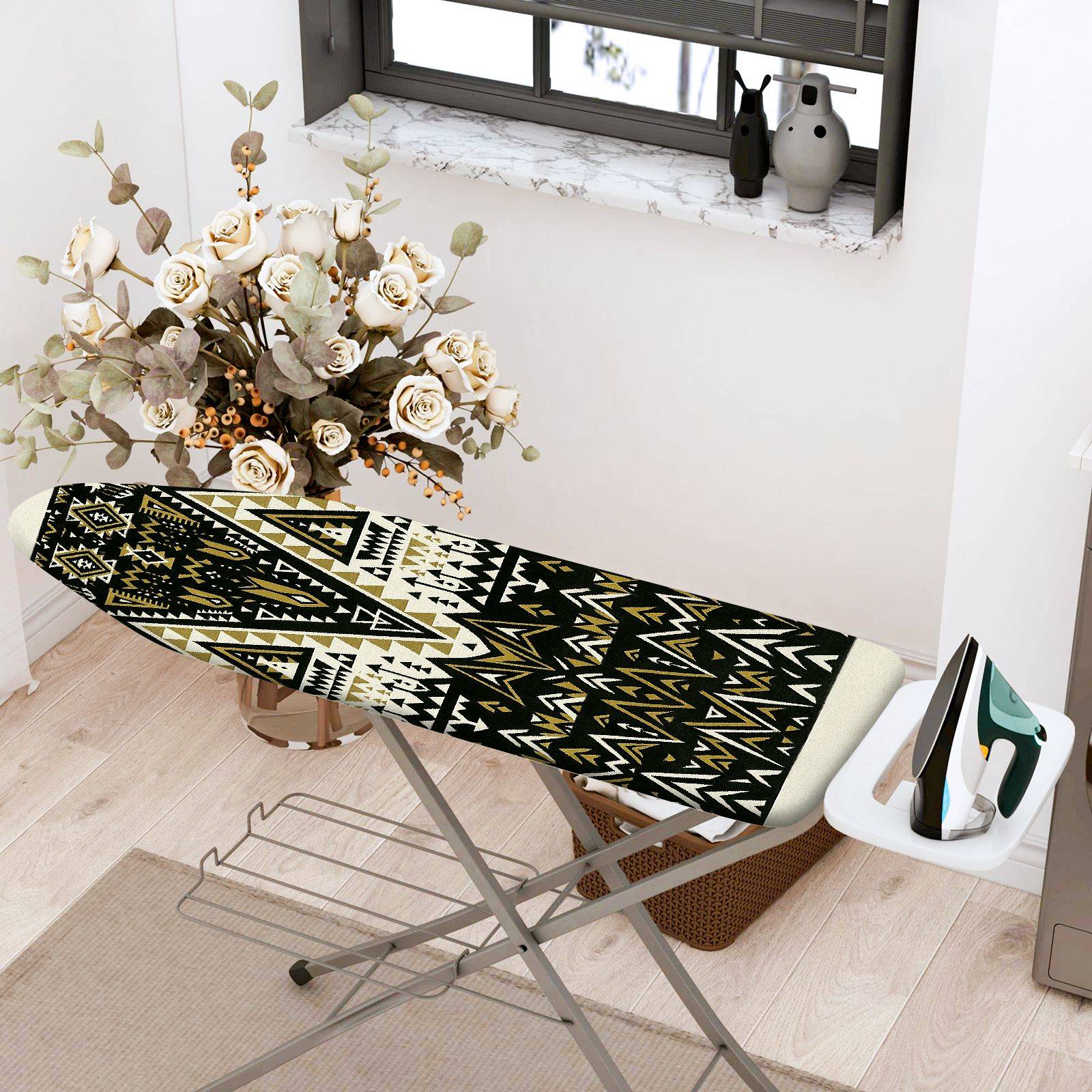 1-Piece Geometric Black Beige Pattern  Ironing Board Cover, Universal Size, Without Board