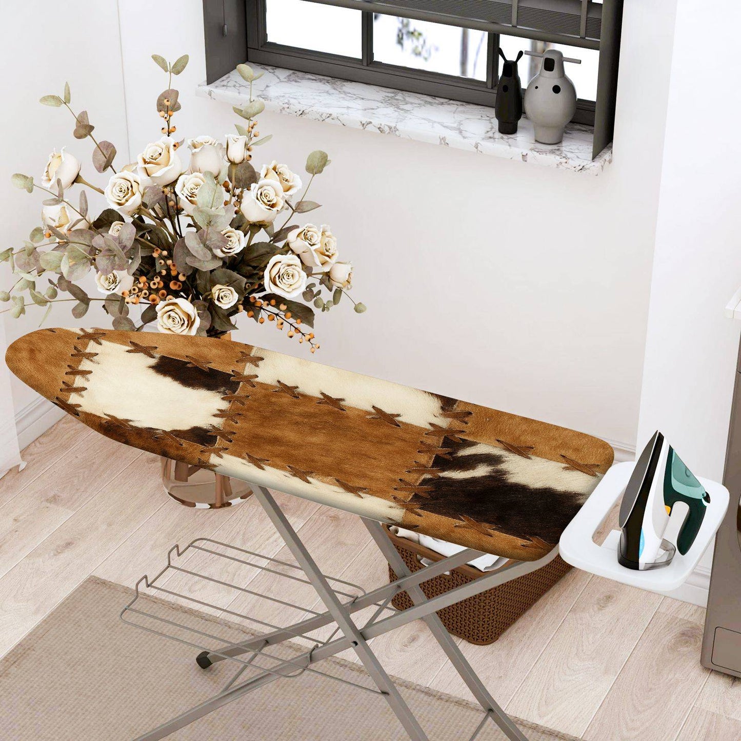 1-Piece Cowhide Pattern Brown Beige Checkered  Ironing Board Cover, Universal Size, Without Board