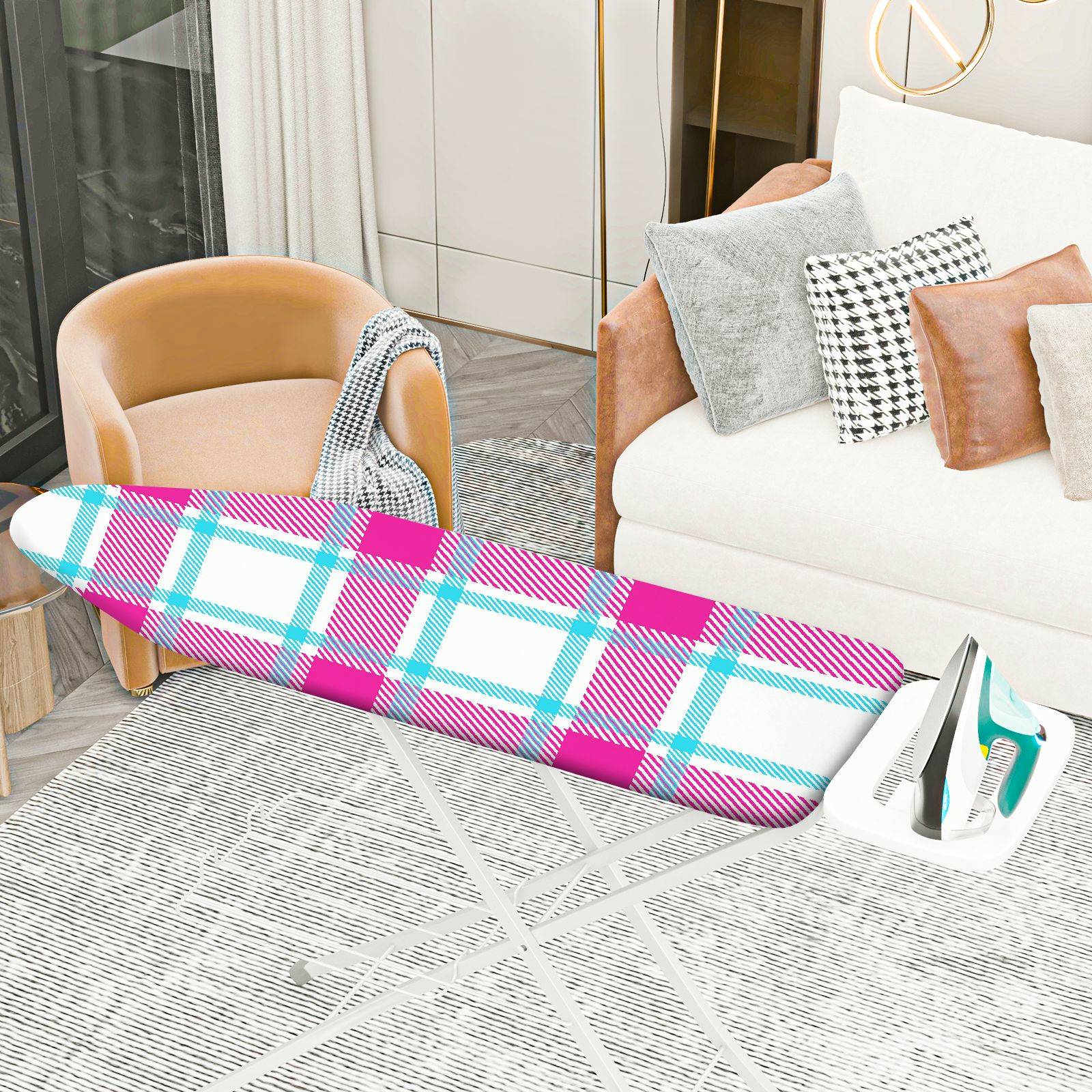 1-Piece Plaid Pink Blue  Ironing Board Cover, Universal Size, Without Board
