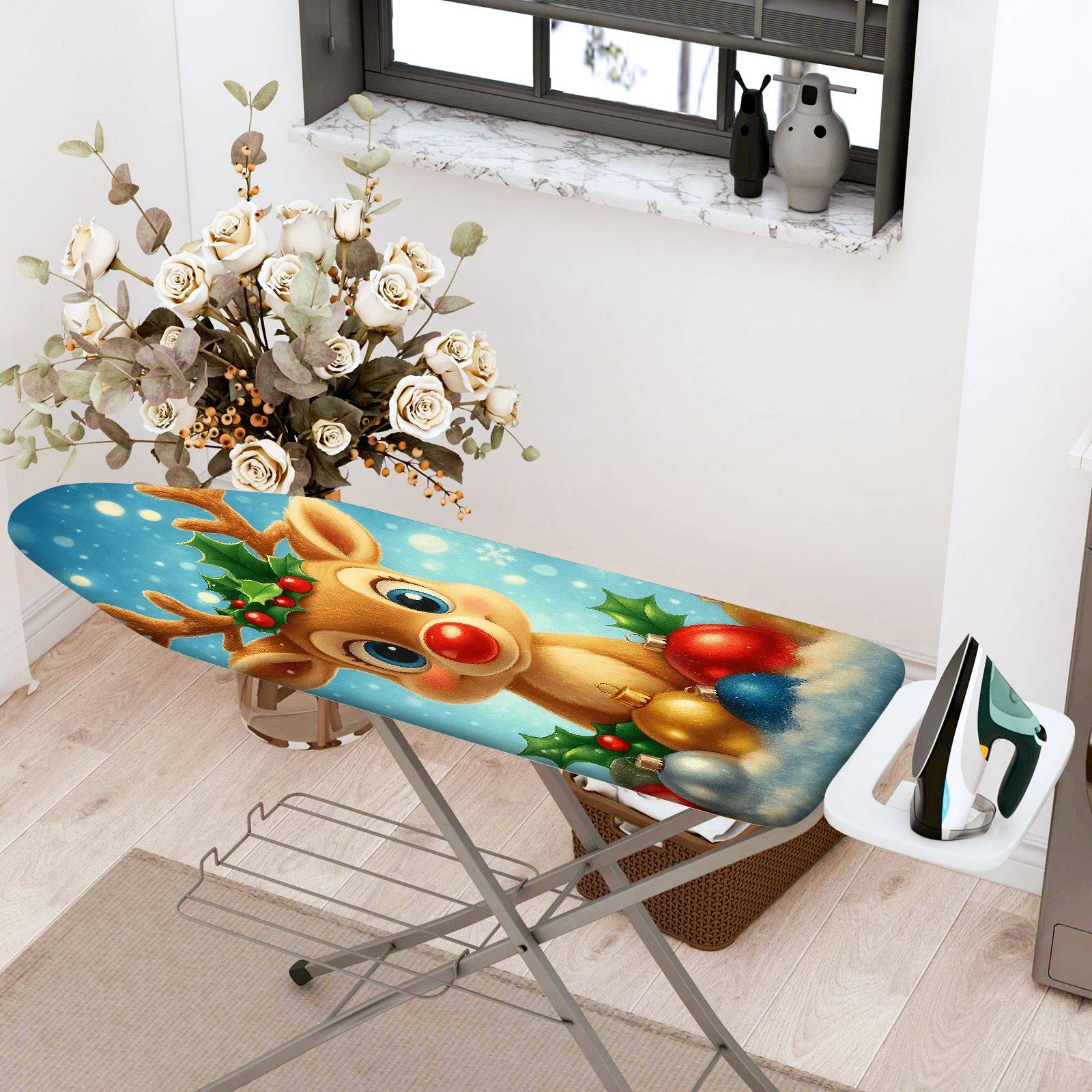 1-Piece Reindeer Christmas Snowflakes  Ironing Board Cover, Universal Size, Without Board