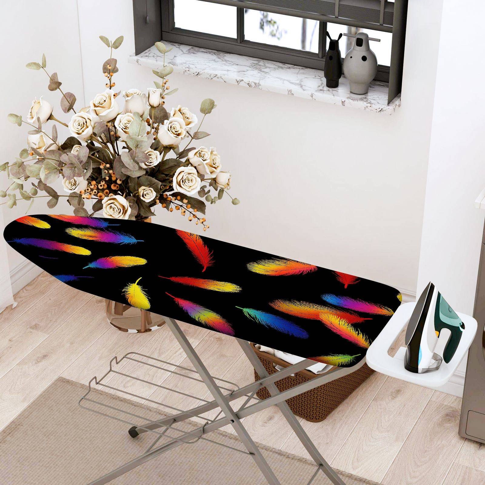 1-Piece Feather Pattern Colorful Design Black Background  Ironing Board Cover, Universal Size, Without Board