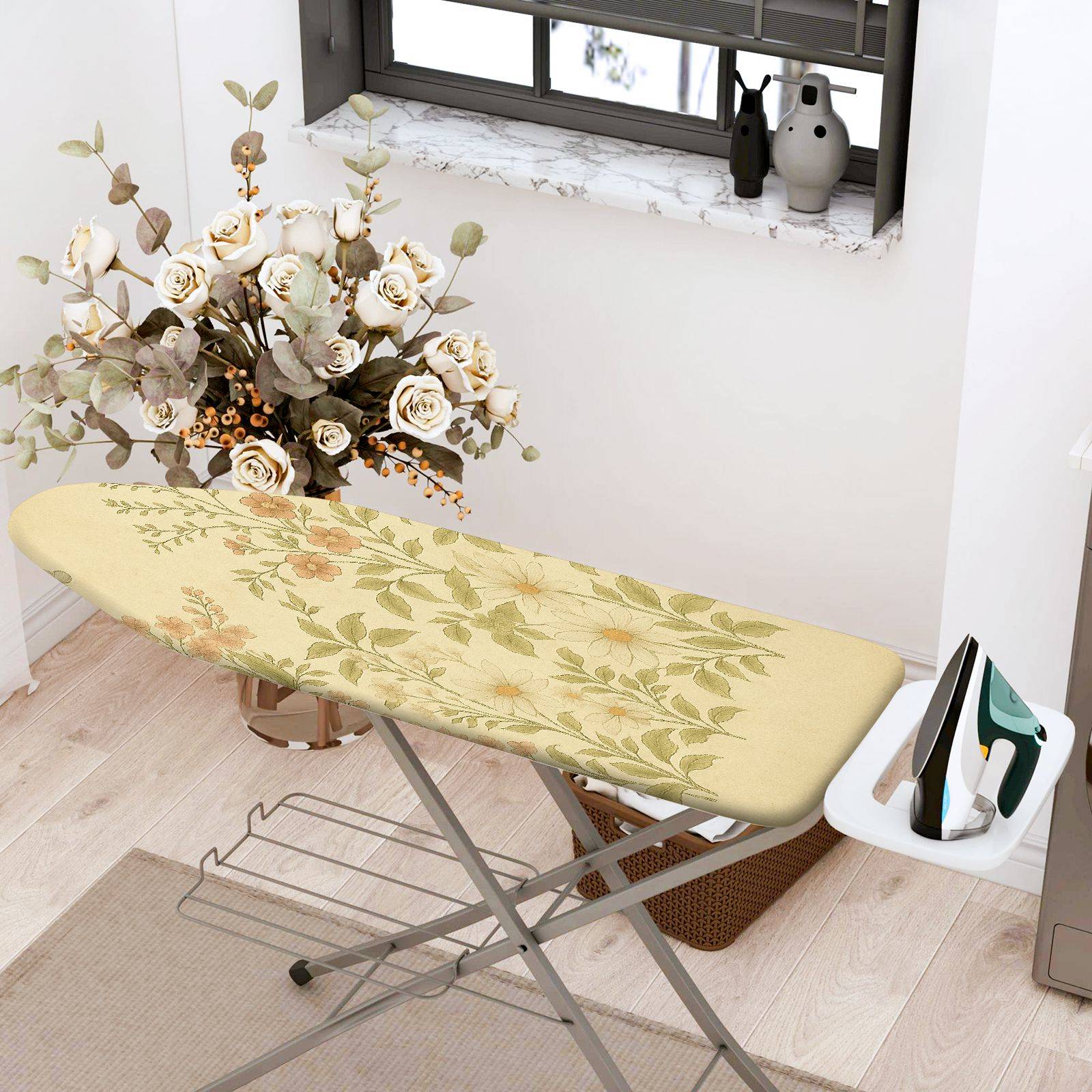 1-Piece Floral Pattern Beige Green  Ironing Board Cover, Universal Size, Without Board
